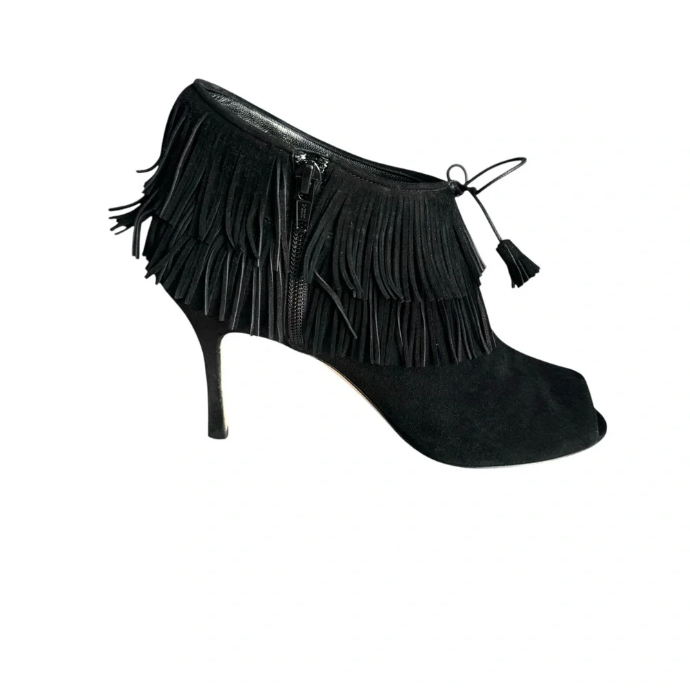Manolo Blahnik Open Toe Heels Booties Black Suede Fringe